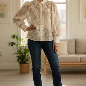 Gracia Womens Floral Embroidered White Button-Up Shirt With Puff Sleeves Size M